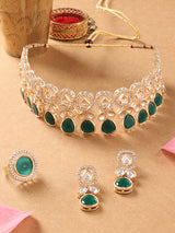Women's Green Kundan Stones with Austrian Diamonds Necklace Earring and Ring Set