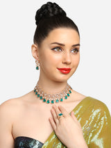 Women's Green Kundan Stones with Austrian Diamonds Necklace Earring and Ring Set