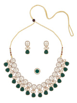 Women's Green Kundan Stones with Austrian Diamonds Necklace Earring and Ring Set