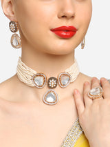 Women's Gold Tone Dazzling Stones and Austrian Diamonds Choker Necklace Earring with Ring Set