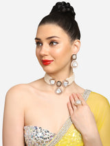 Women's Gold Tone Dazzling Stones and Austrian Diamonds Choker Necklace Earring with Ring Set