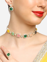 Women's Multicolor Kundan & Austrian Diamond Choker Necklace Earring & Ring Set-ZPFK16770