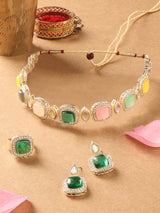 Women's Multicolor Kundan & Austrian Diamond Choker Necklace Earring & Ring Set-ZPFK16770