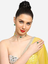 Women's Multicolor Kundan & Austrian Diamond Choker Necklace Earring & Ring Set-ZPFK16770
