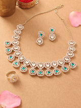 Women's Green Kundan & Dazzling Austrian Diamonds Necklace Earring & Ring Set