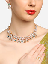 Women's Green Kundan & Dazzling Austrian Diamonds Necklace Earring & Ring Set