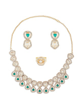Women's Green Kundan & Dazzling Austrian Diamonds Necklace Earring & Ring Set