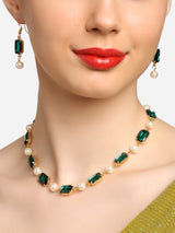 Women's Green Artificial Stones & Pearls Contemporary Necklace & Earring Set-ZPFK16811