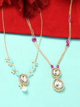 Women's Combo of 2 Turquoise Blue & Purple Austrian Diamonds & Beads Embellished Necklace Set-ZPFK16838