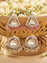 Women's Pink and Off White Austrian Diamonds with Pearls Ethnic Studs Earrings - Pack of 2