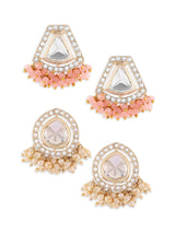 Women's Pink and Off White Austrian Diamonds with Pearls Ethnic Studs Earrings - Pack of 2