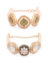 Women's Combo of 2 Gold Tone & Green Multistrand Kundan & Beads Ethnic Bracelet-ZPFK16845