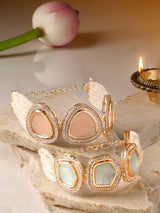 Women's Combo of 2 Pink & Mint Green Multistrand Kundan & Beads Ethnic Bracelet-ZPFK16850