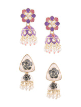 Women's Set of 2 Multi-Colour Floral Enamel Beads & Kundan Traditional Jhumki Earring-ZPFK16855