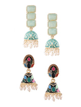 Women's Multicolor Enamel Beads & Kundan Traditional Jhumki Earring - Set of 2