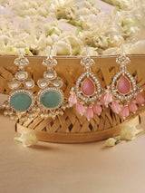 Women's Turquoise Blue and Pink Kundan with Austrian Diamonds Traditional Jhumki Earring - Set of 2