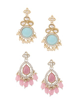 Women's Turquoise Blue and Pink Kundan with Austrian Diamonds Traditional Jhumki Earring - Set of 2