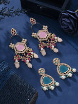 Women's Blue and Pink Kundan with Austrian Diamonds Traditional Dangle Drop Earring - Pack of 2