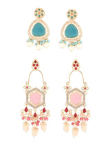 Women's Blue and Pink Kundan with Austrian Diamonds Traditional Dangle Drop Earring - Pack of 2