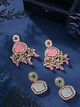 Women's Green and Pink Kundan Stones with Austrian Diamonds Traditional Drop Earring - Pack of 2