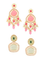 Women's Green and Pink Kundan Stones with Austrian Diamonds Traditional Drop Earring - Pack of 2