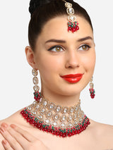 Women's Rani Pink & Green Crystal Artificial Stones & Beads Cluster Beads Drop Bridal Necklace Earring & Maangtikka Set-ZPFK16901
