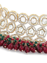 Women's Rani Pink & Green Crystal Artificial Stones & Beads Cluster Beads Drop Bridal Necklace Earring & Maangtikka Set-ZPFK16901