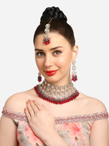 Women's Rani Pink & Green Crystal Artificial Stones & Beads Cluster Beads Drop Bridal Necklace Earring & Maangtikka Set-ZPFK16901