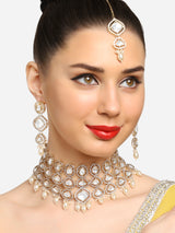 Women's Gold Tone Artificial Stones and Beads Bridal Necklace Earring with Maangtikka Set