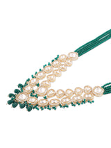 Women's Green Multistrand Crystal Austrian Diamonds Artificial Stones and Beads Bridal Necklace Earring with Maangtikka Set