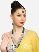 Women's Green Multistrand Crystal Austrian Diamonds Artificial Stones and Beads Bridal Necklace Earring with Maangtikka Set