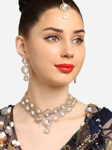 Women's Gold Tone Austrian Diamonds Artificial Stones Bridal Necklace Earring and Maangtikka Set