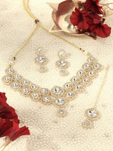 Women's Gold Tone Austrian Diamonds Artificial Stones Bridal Necklace Earring and Maangtikka Set