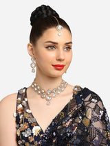 Women's Gold Tone Austrian Diamonds Artificial Stones Bridal Necklace Earring and Maangtikka Set