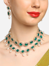 Women's Green Double Layered Austrian Diamonds Artificial Stones & Beads Bridal Necklace & Earring Set-ZPFK16922