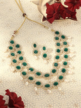 Women's Green Double Layered Austrian Diamonds Artificial Stones & Beads Bridal Necklace & Earring Set-ZPFK16922