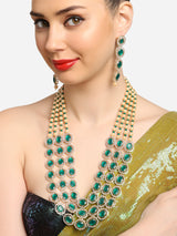 Women's Green Multi Layered Austrian Diamonds Artificial Stones & Beads Embellished Bridal Necklace & Earring Set