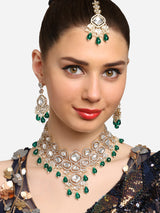 Women's Green Kundan Austrian Diamonds Artificial Stones & Beads Embellished Bridal Necklace Earring & Maangtikka Set-ZPFK16926