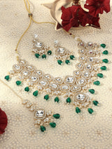 Women's Green Kundan Austrian Diamonds Artificial Stones & Beads Embellished Bridal Necklace Earring & Maangtikka Set-ZPFK16926