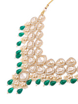 Women's Green Kundan Austrian Diamonds Artificial Stones & Beads Embellished Bridal Necklace Earring & Maangtikka Set-ZPFK16926