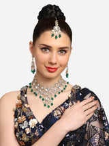 Women's Green Kundan Austrian Diamonds Artificial Stones & Beads Embellished Bridal Necklace Earring & Maangtikka Set-ZPFK16926