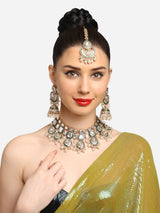 Women's Gold Tone and Green Enamel Kundan Artificial Stones with Pearls Drop Bridal Necklace Earring and Maangtikka Set