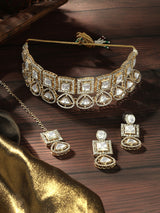 Women's Gold Tone Austrian Diamonds Artificial Stones Bridal Choker Necklace Earring & Maangtikka Set