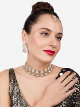 Women's Gold Tone Austrian Diamonds Artificial Stones Bridal Choker Necklace Earring & Maangtikka Set