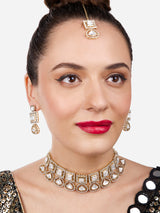 Women's Gold Tone Austrian Diamonds Artificial Stones Bridal Choker Necklace Earring & Maangtikka Set