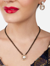 Women's Gold Tone Austrian Diamonds Embellished Round Shape Beaded Mangalsutra & Earring Set-ZPFK17077