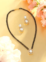 Women's Gold Tone Austrian Diamonds Embellished Round Shape Beaded Mangalsutra & Earring Set-ZPFK17077