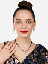 Women's Gold Tone Austrian Diamonds Embellished Round Shape Beaded Mangalsutra & Earring Set-ZPFK17077