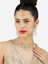 Women's Gold Tone Layered Dazzling Austrian Diamonds & Stones Bridal Necklace Earring Maangtikka Set-ZPFK17101