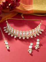 Women's Gold Tone Dazzling Stones Beads Choker Necklace Earring Maangtikka Set-ZPFK17116